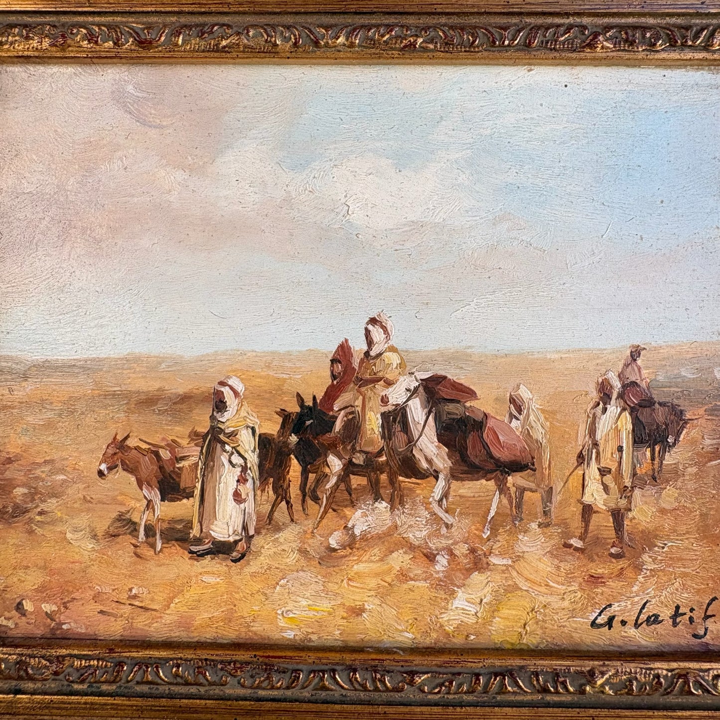 20th c. Desert Caravan Oil on Board