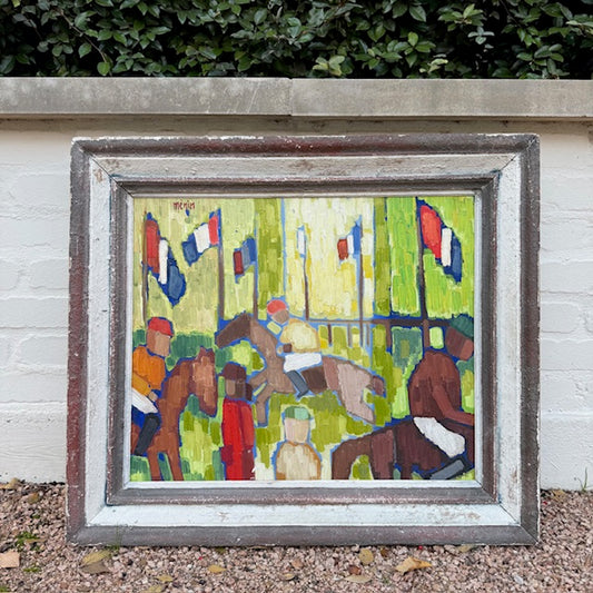 Framed Oil on Board, Longchamp Jockeys