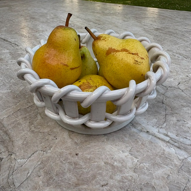 Vintage White Faïence Woven Basket Bowl