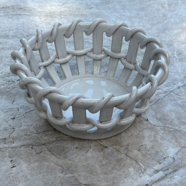 Vintage White Faïence Woven Basket Bowl