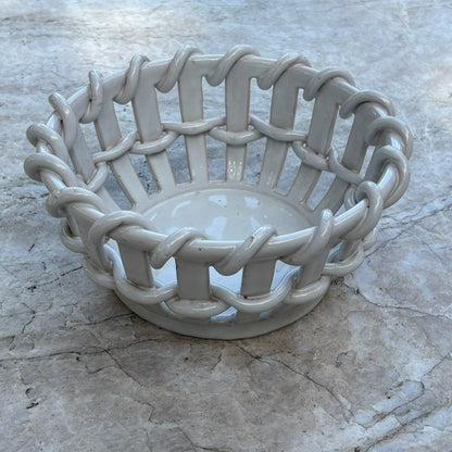 Vintage White Faïence Woven Basket Bowl