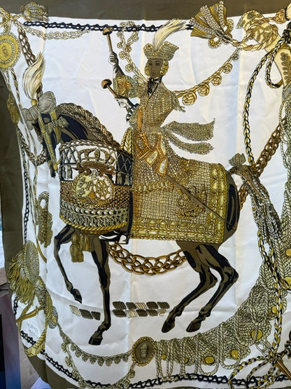 Hermès Scarf, "Le Timbalier" in Green & Gold