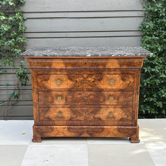 Burled Walnut Louis Philippe Commode with Gold Knobs