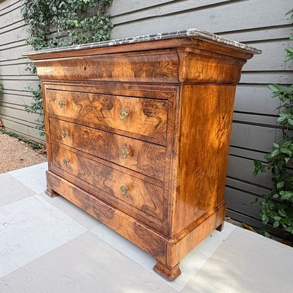Burled Walnut Louis Philippe Commode with Gold Knobs