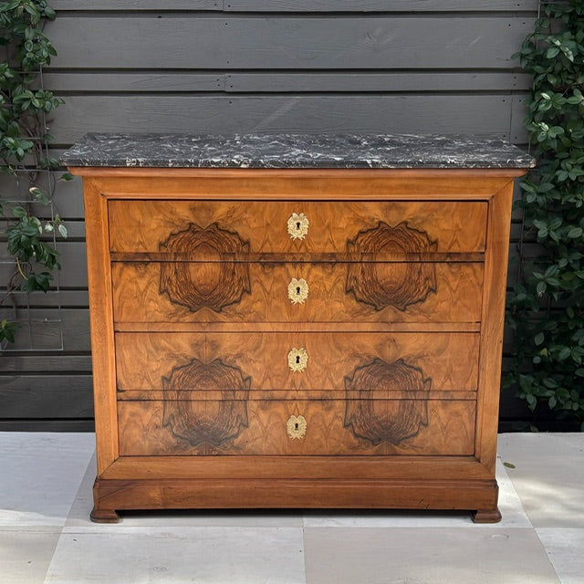 Narrow Burled Wood Louis Philippe Commode with Gold Hardware