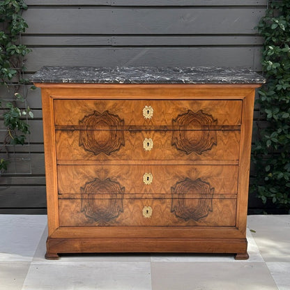 Narrow Burled Wood Louis Philippe Commode with Gold Hardware