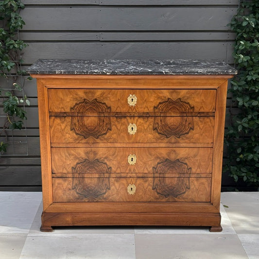 Narrow Burled Wood Louis Philippe Commode with Gold Hardware
