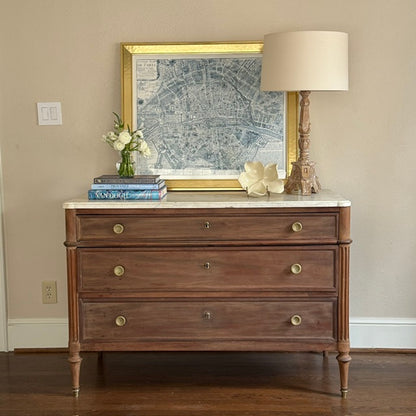 18th c. Mahogany Louis XVI Commode with White Marble Top