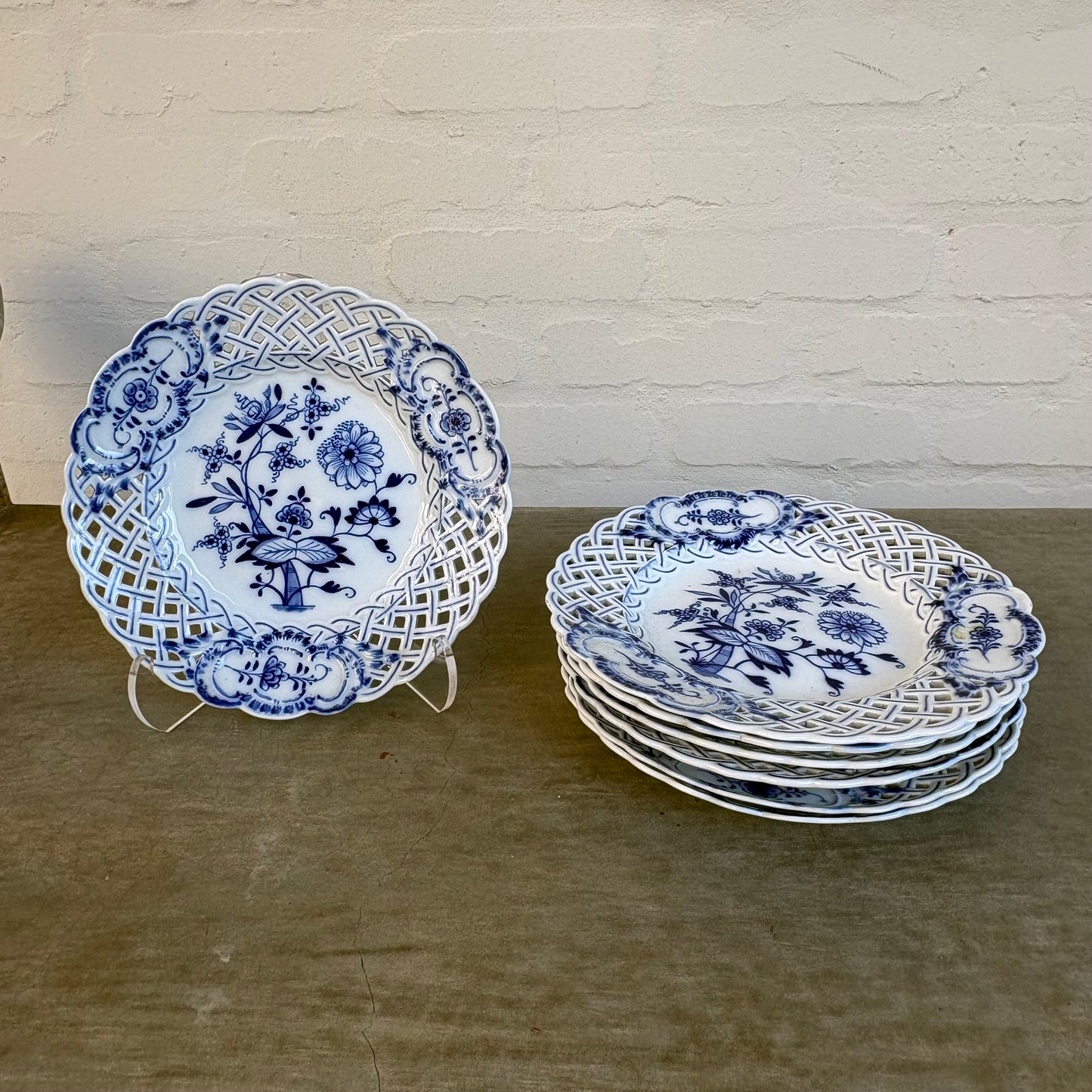 Set of 3 Meissen Reticulated Blue Onion Plates